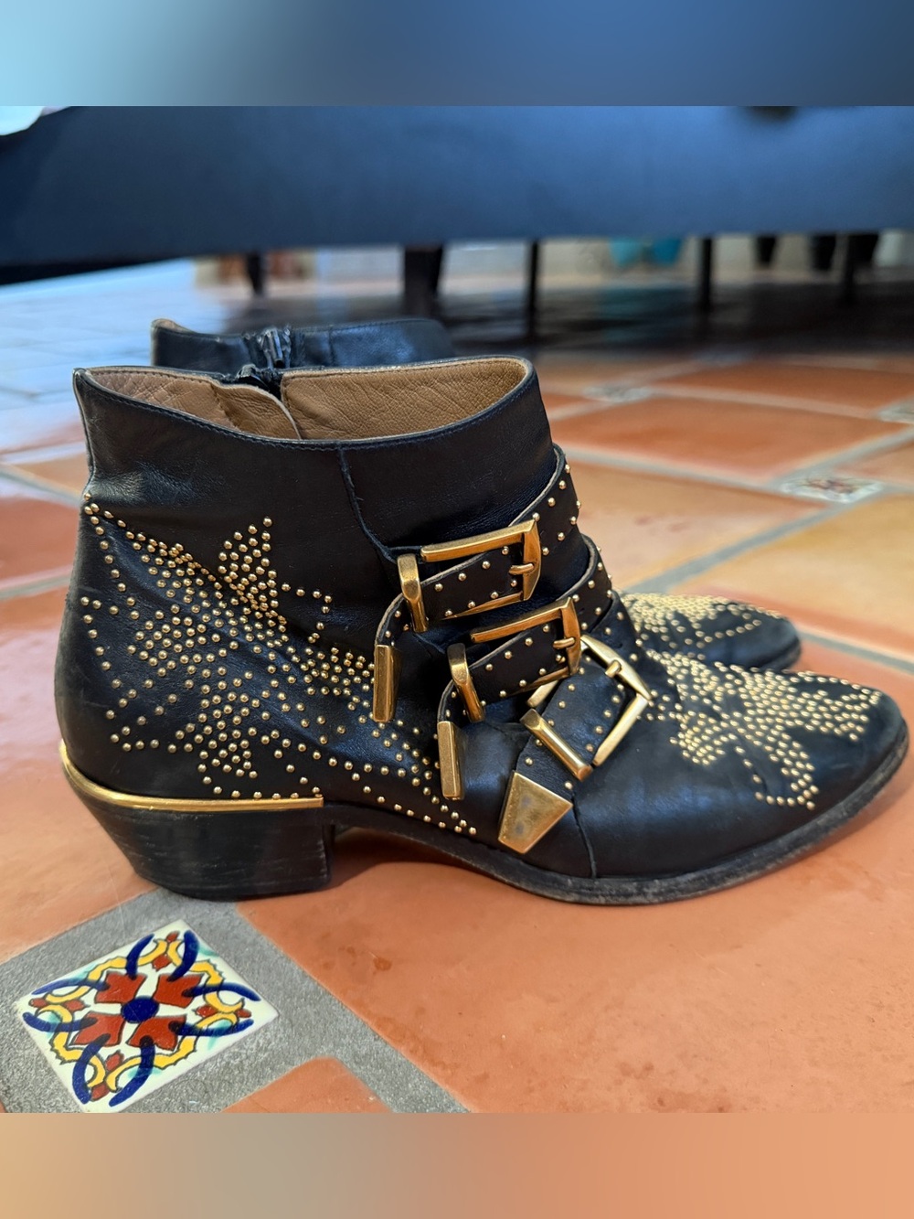 Chloè Chelsea Black Studded Ankle Boots with Gold Buckles - Women